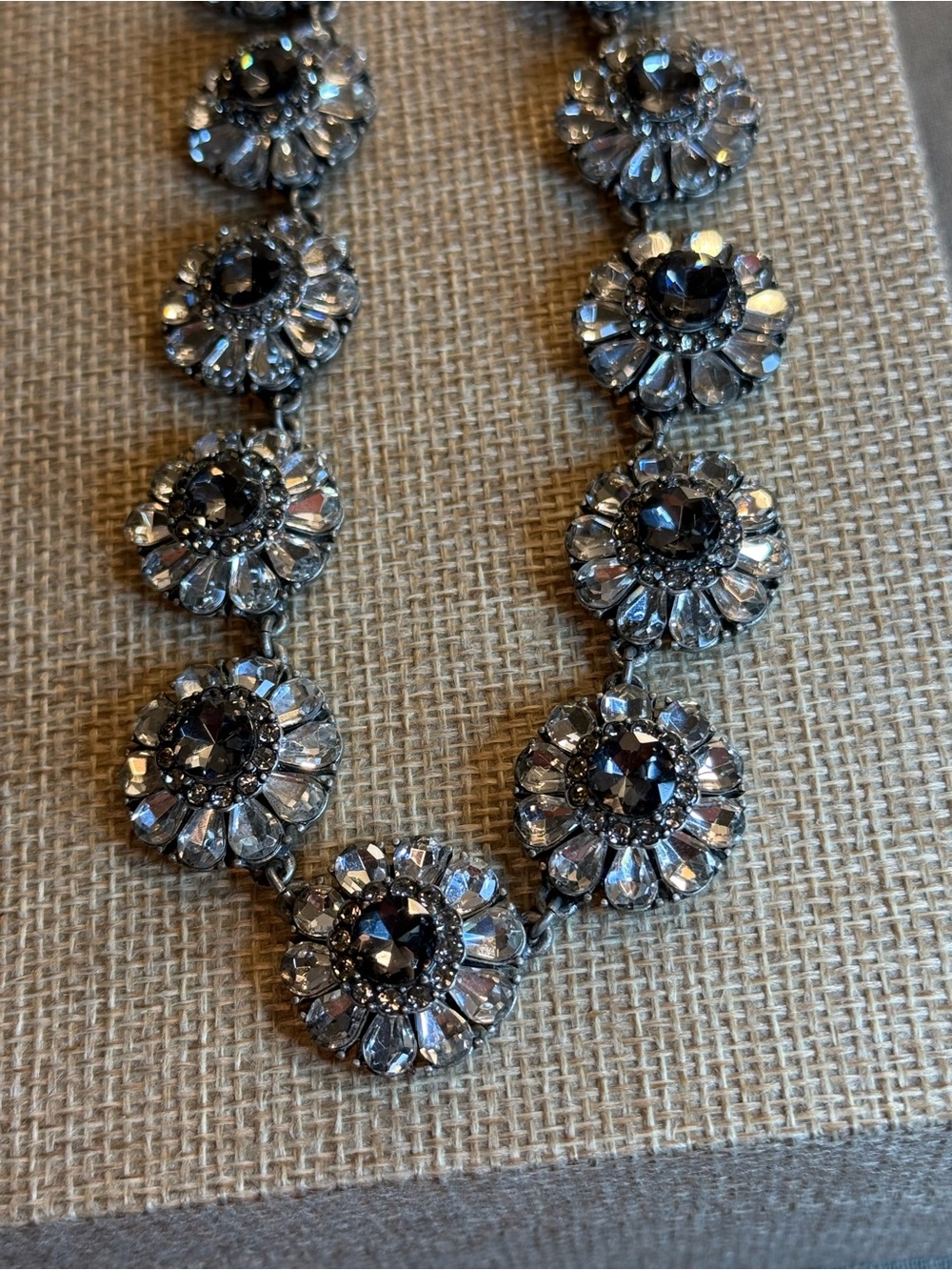 Ann Taylor Rhinestone Floral Statement Necklace Antique Silver Tone Grey Smoked